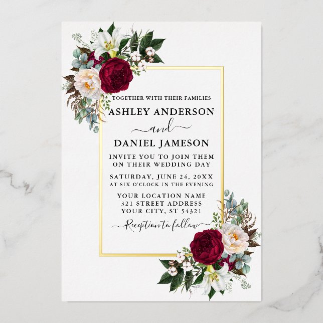 Invitation En Aluminium Aquarelle mariage Vert Floral Or (Recto)