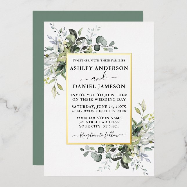 Invitation En Aluminium Aquarelle mariage Vert Sage Vert Or (Recto/Verso)