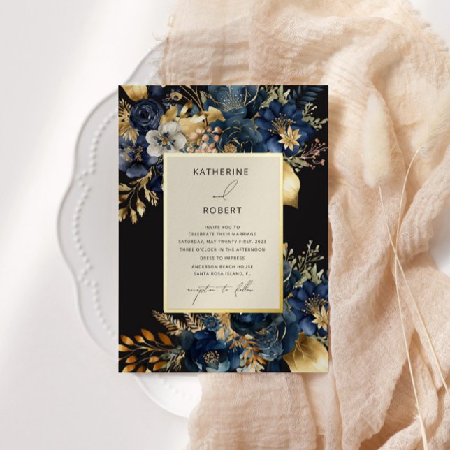 Invitation En Aluminium Aquarelle Midnight Blue Gold FlorMariage (Créateur téléchargé)