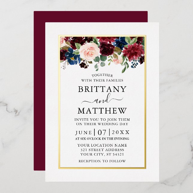 Invitation En Aluminium Aquarelle Mixte Floral Mariage Bourgogne Or (Recto/Verso)