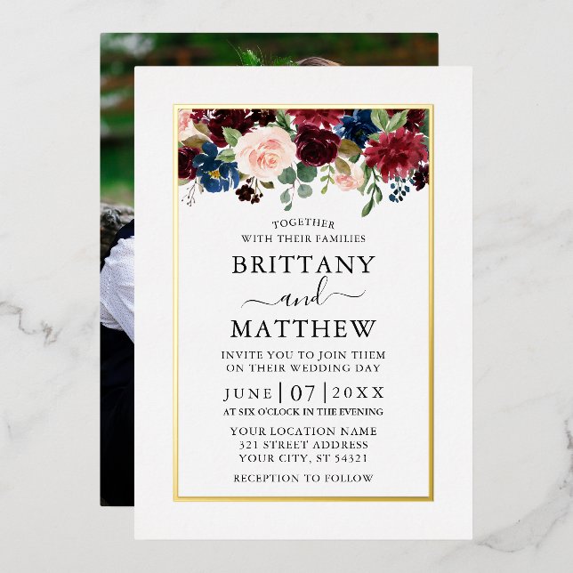 Invitation En Aluminium Aquarelle Mixte Floral Photo Mariage Or (Recto/Verso)
