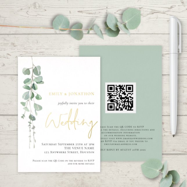 Invitation En Aluminium Aquarelle moderne Eucalyptus Mariage Or Real (With luxury real foil printing)