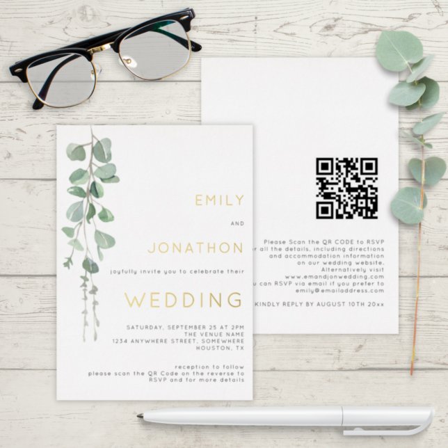 Invitation En Aluminium Aquarelle moderne Eucalyptus Mariage Or Real (Créateur téléchargé)