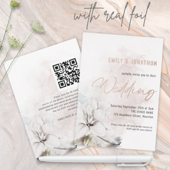 Invitation En Aluminium Aquarelle moderne Flore blanche Mariage de code QR (Créateur téléchargé)