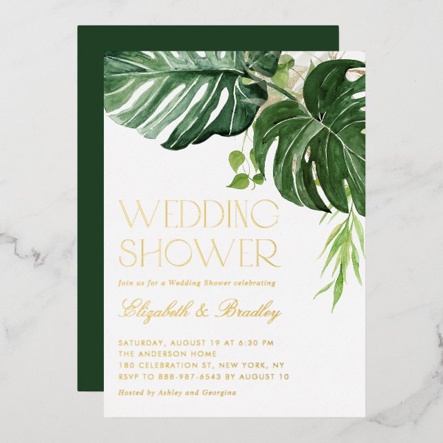 Invitation En Aluminium Aquarelle Monstera Feuilles Wedding shower tropica (Recto/Verso)
