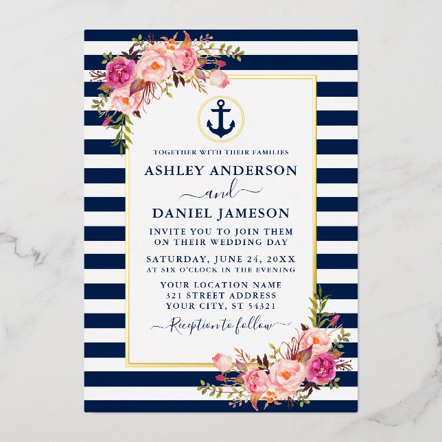Invitation En Aluminium Aquarelle Nautique Pink Floral Blue Gold (Recto)