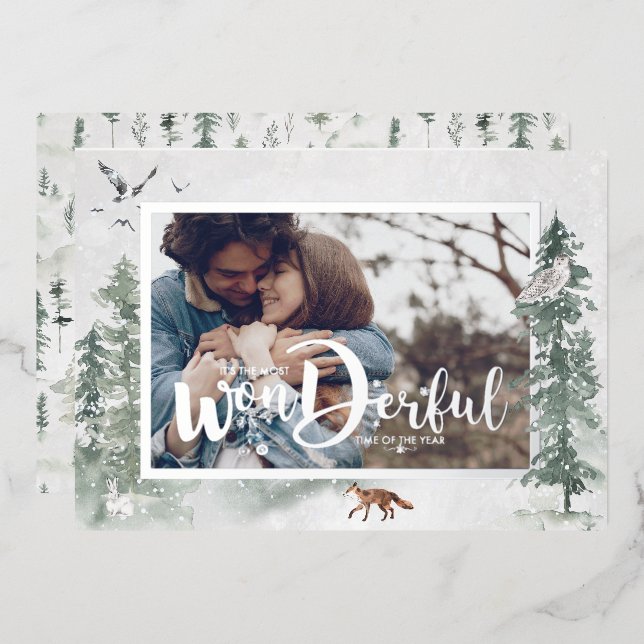 Invitation En Aluminium Aquarelle Neige Hiver Pins Arbres Photo Vacances (Recto/Verso)
