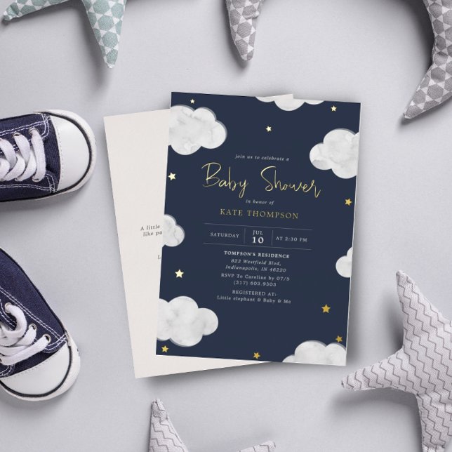 Invitation En Aluminium Aquarelle Nuages Bleu foncé Baby shower Garçon Or (Créateur téléchargé)