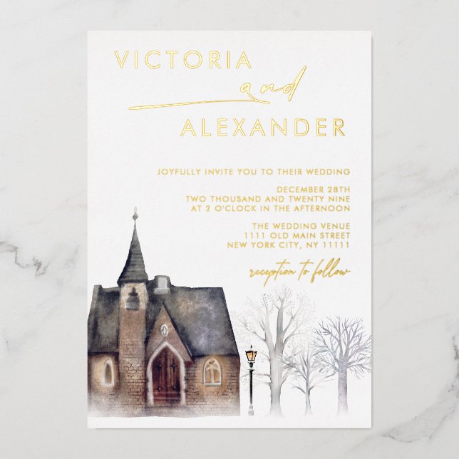 Invitation En Aluminium Aquarelle Old Church Neige Mariage d'hiver (Recto)