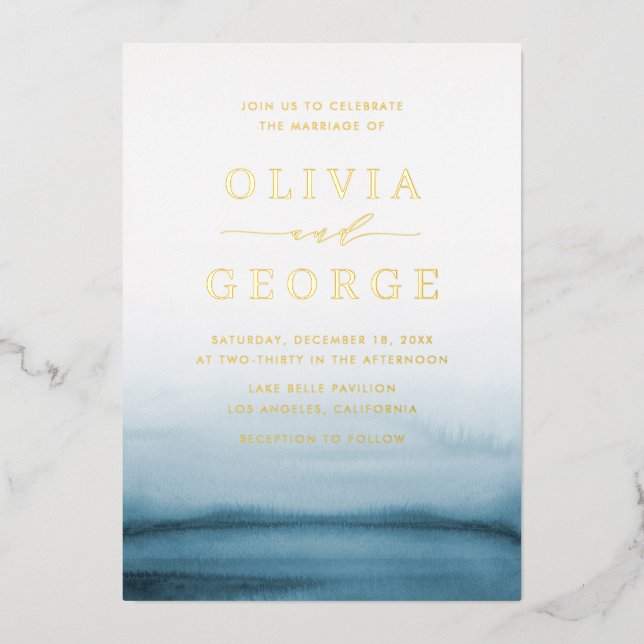 Invitation En Aluminium Aquarelle Ombre Marine Bleu Mariage moderne (Recto)