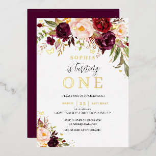 Invitation En Aluminium Aquarelle or Bourgogne Florale fille 1er anniversa