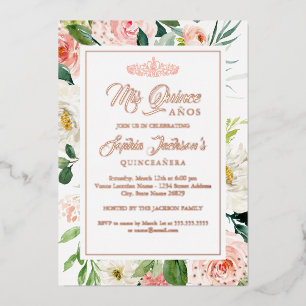 Invitation En Aluminium Aquarelle or Rose florale Quinceanera