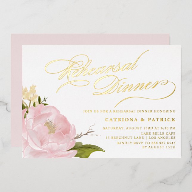 Invitation En Aluminium Aquarelle Peony rose Répétition Dîner Or (Recto/Verso)