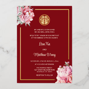 Invitation En Aluminium Aquarelle Peony Rouge or Mariage chinois