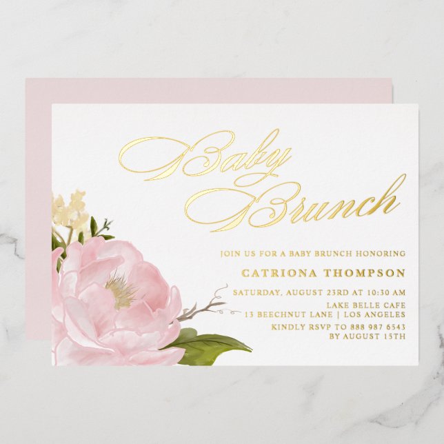 Invitation En Aluminium Aquarelle romantique Bleu rose Peony Brunch bébé (Recto/Verso)
