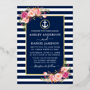 Invitation En Aluminium Aquarelle rose Ancre florale Bleu rayures or