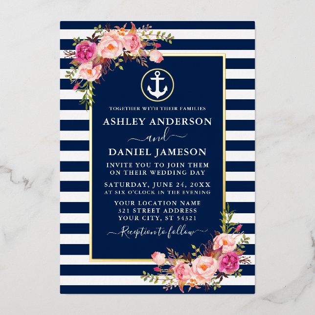 Invitation En Aluminium Aquarelle rose Ancre florale Bleu rayures or (Recto)