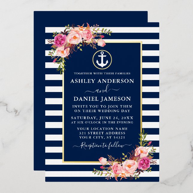 Invitation En Aluminium Aquarelle rose Ancre florale rayures bleu or (Recto/Verso)