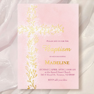 Invitation En Aluminium aquarelle rose blanc croix or Baptême