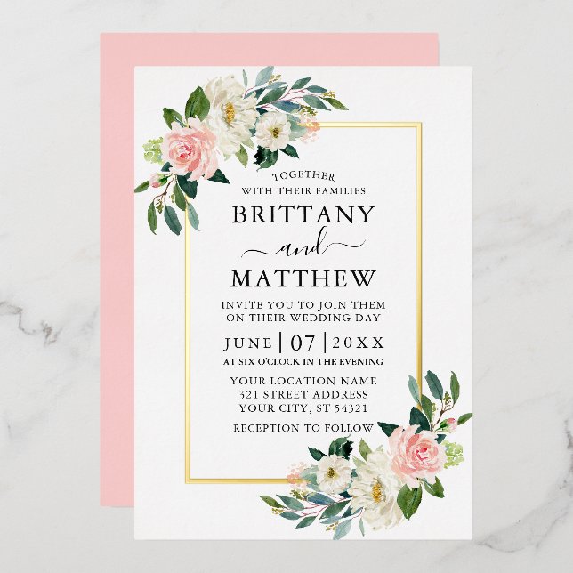 Invitation En Aluminium Aquarelle rose Blush Blanc Floral Mariage Or (Recto/Verso)