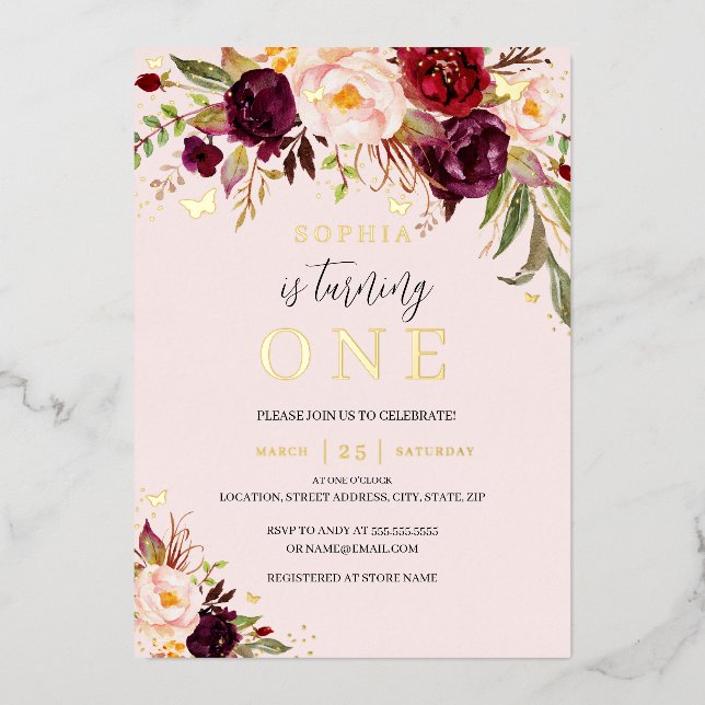 Invitation En Aluminium Aquarelle rose Bourgogne Florale fille 1er anniver (Recto)