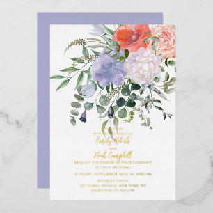Invitation En Aluminium Aquarelle rose et bleu floral Mariage or