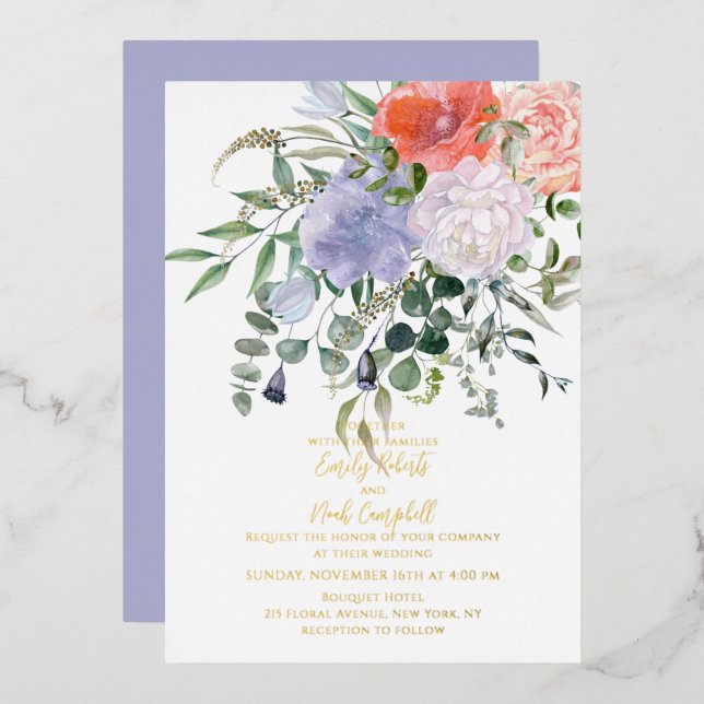 Invitation En Aluminium Aquarelle rose et bleu floral Mariage or (Recto/Verso)