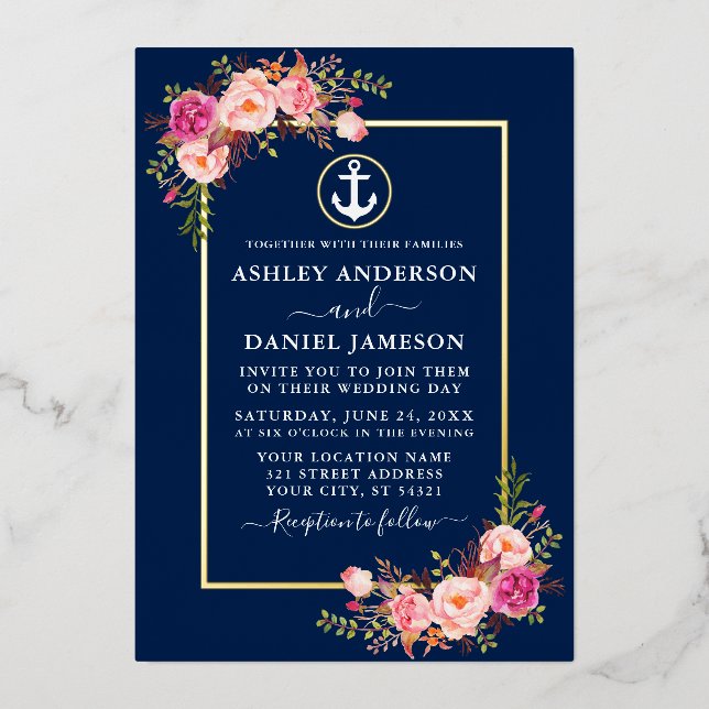 Invitation En Aluminium Aquarelle rose floral Ancre marine bleu or (Recto)