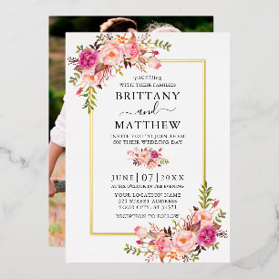 Invitation En Aluminium Aquarelle Rose Floral Photo Mariage Or