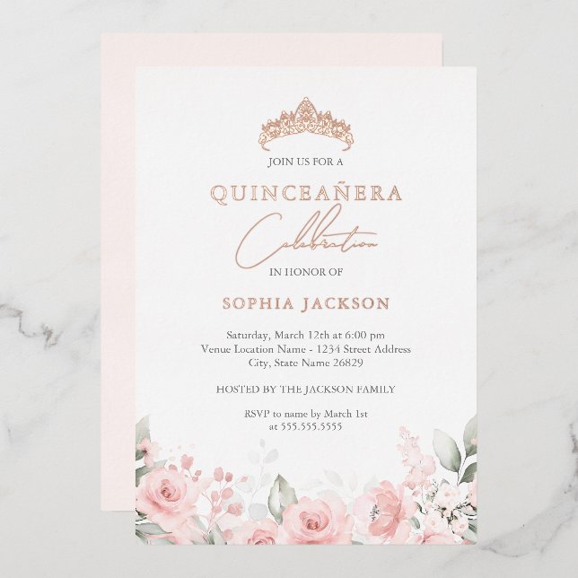 Invitation En Aluminium Aquarelle rose or rose Quinceanera (Recto/Verso)