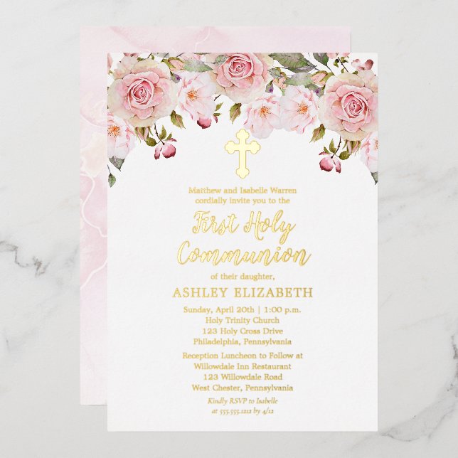 Invitation En Aluminium Aquarelle rose pâle Floral Première Sainte Communi (Recto/Verso)