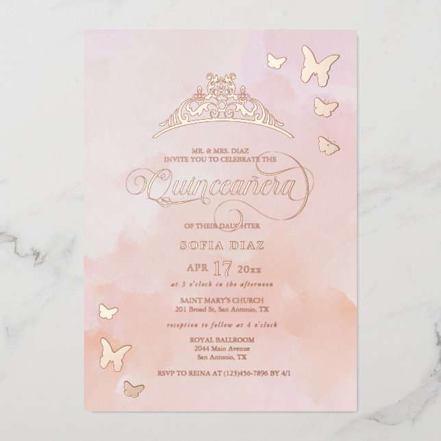 Invitation En Aluminium Aquarelle rose pâle Quinceañera (Recto)