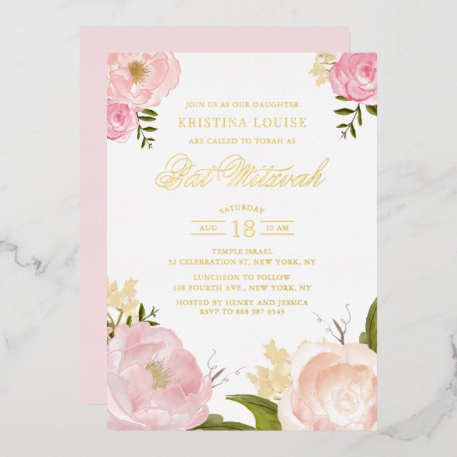 Invitation En Aluminium Aquarelle rose rose pâle Bat mitzvah floral (Recto/Verso)