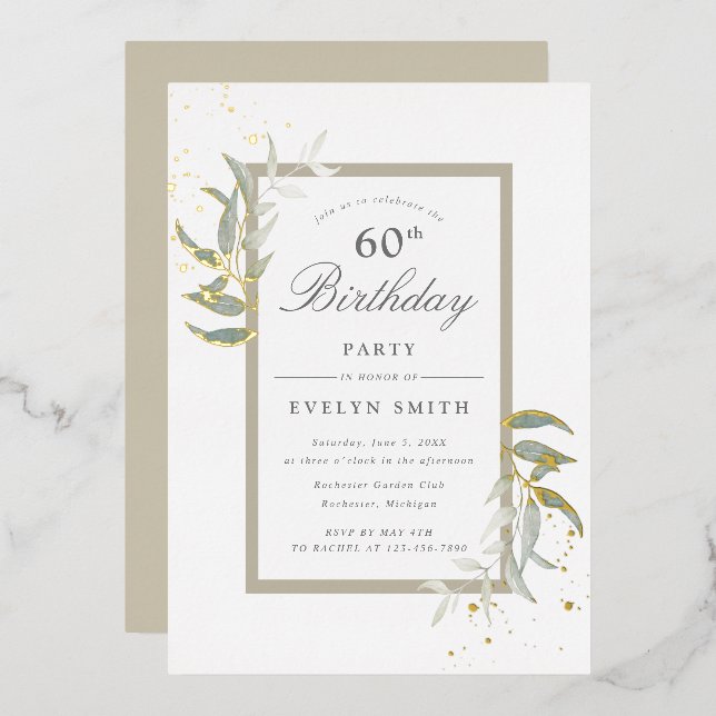 Invitation En Aluminium aquarelle sauge verdure et or anniversaire (Recto/Verso)