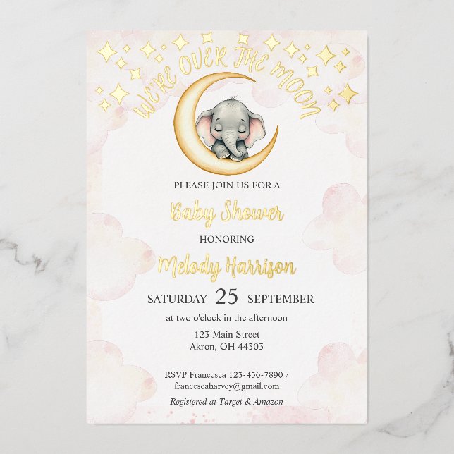 Invitation En Aluminium Aquarelle sur le Baby shower d'éléphant de la lune (Recto)
