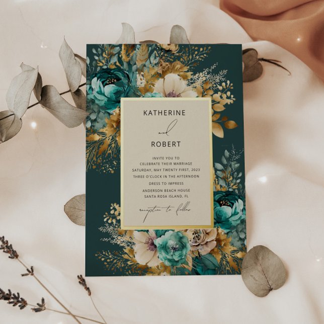 Invitation En Aluminium Aquarelle Turquoise or Floral Mariage (Créateur téléchargé)