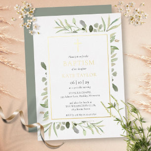 Invitation En Aluminium Aquarelle Verdure Baptême Christening Or