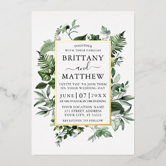 Invitation En Aluminium Aquarelle Verdure Ivy Ferns Sage Mariage Gold (Recto)