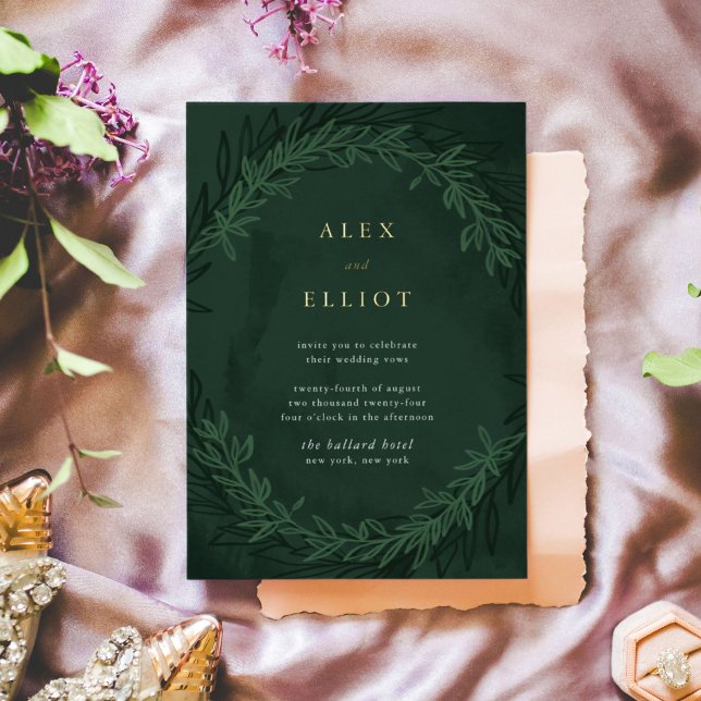 Invitation En Aluminium Aquarelle vert émeraude Or Mariage spectaculaire (Dramatic green and gold foil botanical wedding invitation.)
