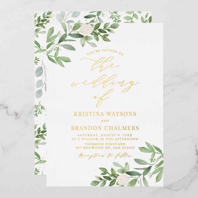 Invitation En Aluminium Aquarelle vert et fleurs blanches Mariage (Recto/Verso)