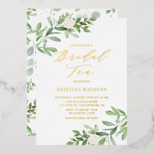 Invitation En Aluminium Aquarelle Vert et Fleurs blanches Thé nuptial