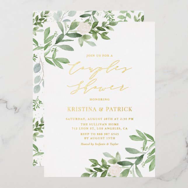 Invitation En Aluminium Aquarelle Vert Fleur Blanche Couples Douche (Recto/Verso)