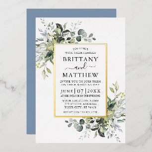Invitation En Aluminium Aquarelle Vert Mariage Dusty Blue Gold