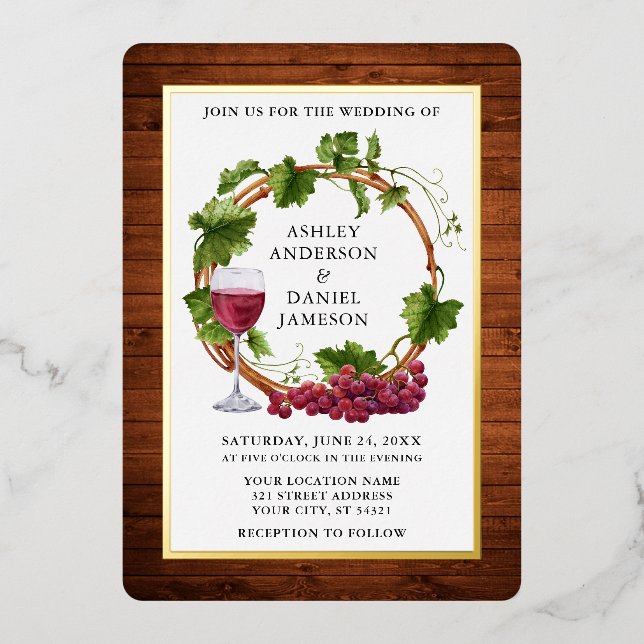 Invitation En Aluminium Aquarelle Vignes Vins Wreath Bois Mariage Or (Recto)