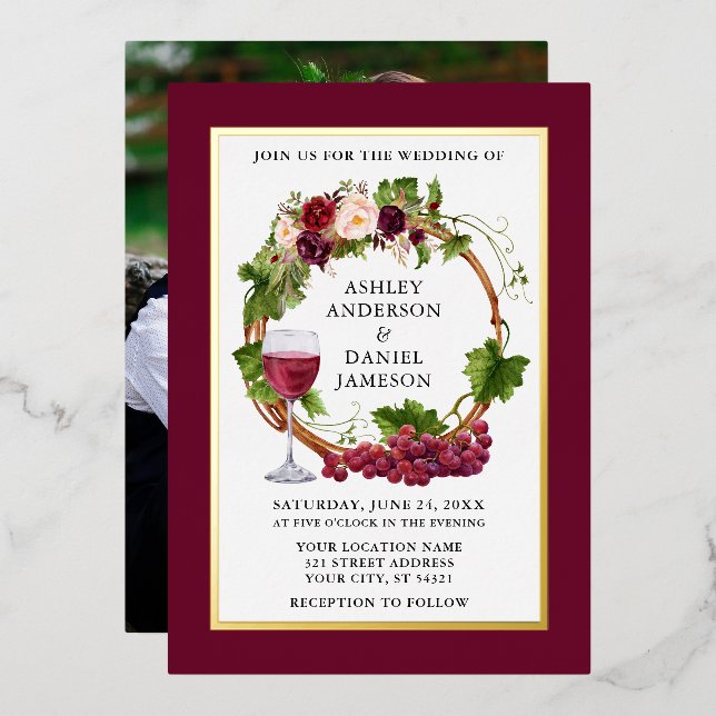 Invitation En Aluminium Aquarelle Vin Vin Floral Wreath Photo Or (Recto/Verso)