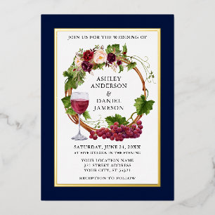 Invitation En Aluminium Aquarelle Vins de raisin Floral Wreath Blue Gold