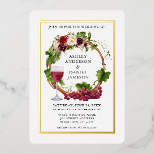 Invitation En Aluminium Aquarelle Vins de raisin Floral Wreath Mariage Or