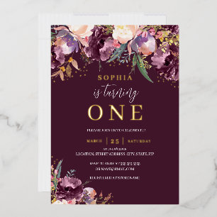 Invitation En Aluminium Aquarelle violette Floral Girl 1er Anniversaire Or