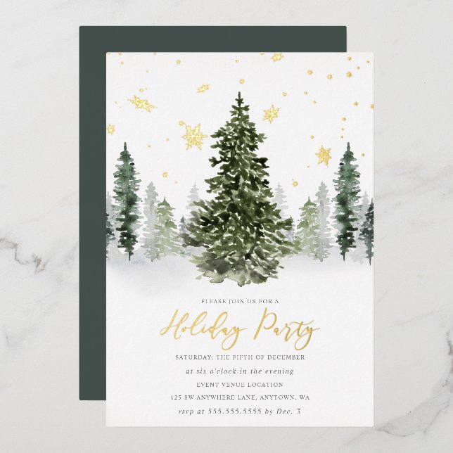 Invitation En Aluminium Aquarelle Winter Forest Fête Gold (Recto/Verso)