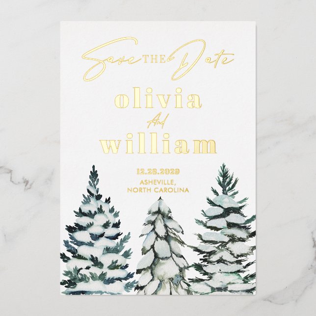 Invitation En Aluminium Arbres de pin neige hiver Noël enregistrer la date (Recto)
